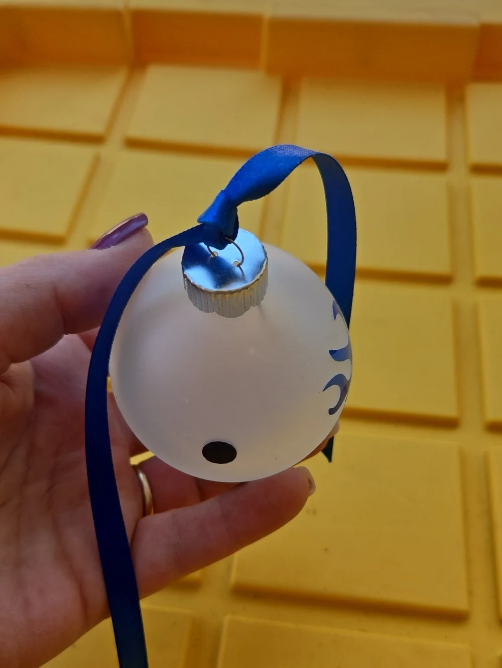 Frosted White Holiday Ornament with Blue Ribbon and Blue Accent